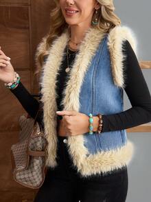 EMERY ROSE Women's Autumn/Winter Faux Fur Patchwork Sleeveless Denim Jacket And Coat - Blue - View 7