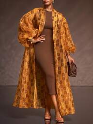 Veslaya 2025 Autumn/Winter Plus Size Women's Casual, Versatile, Vacation, Cruise, Beach, Sunbathing Plus Size Organza Print Sheer Design Long Sleeve Jacket