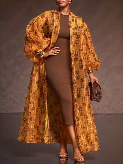 Veslaya 2025 Autumn/Winter Plus Size Women's Casual, Versatile, Vacation, Cruise, Beach, Sunbathing Plus Size Organza Print Sheer Design Long Sleeve Jacket