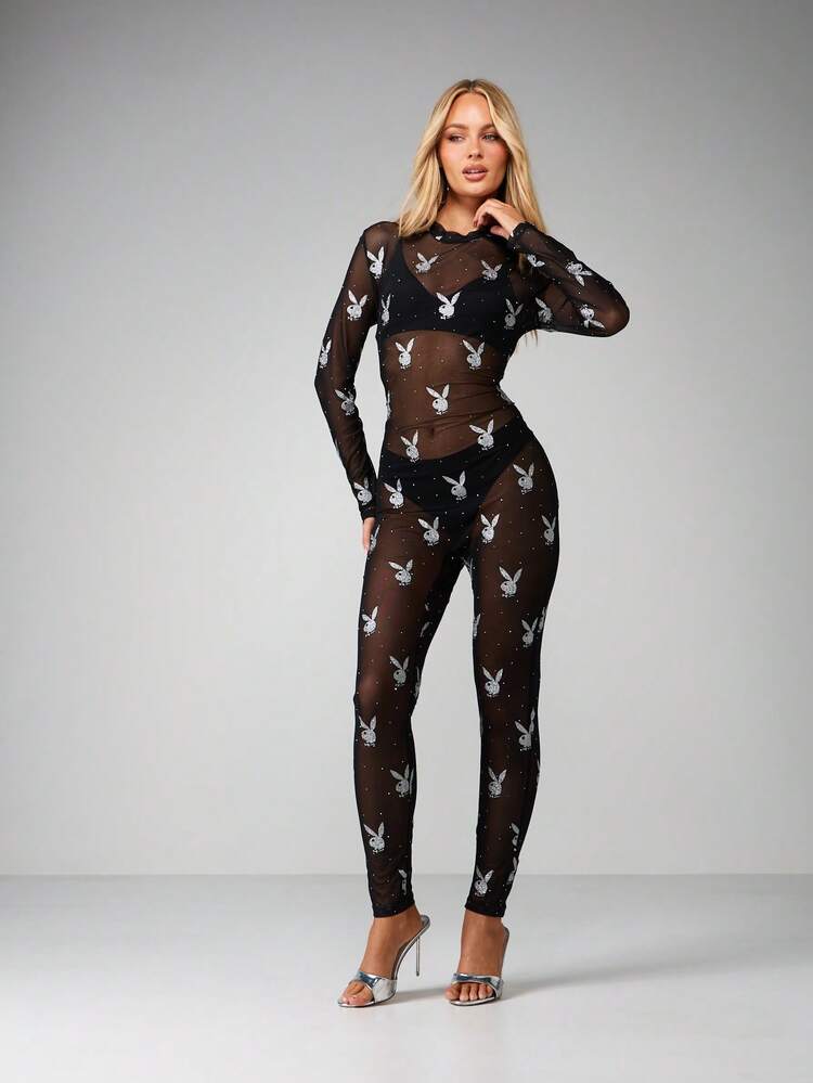Missguided x Playboy Sheer Long Sleeve Jumpsuit With Sequin Bunny Print For Party Festival Occasions