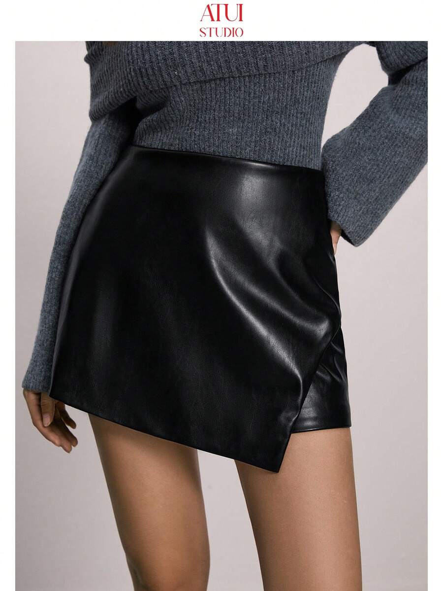 ATUI Studio Fashionable Commuter A-Line PU Leather Minimalist Mini Skirt Shorts