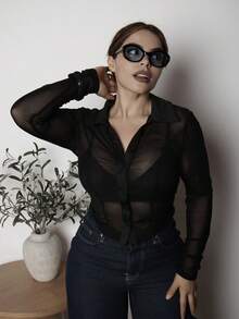 Lupita Cardoza 纯色前扣长袖休闲透明衬衫 Y2K 服装 - 黑色 - 查看 4