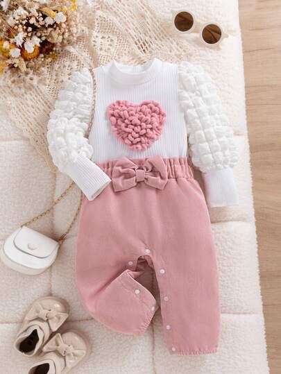 SHEIN 1pc Infant Girl's Fashionable Street-Style Sweet White Round Neck Bubble Sleeve Patchwork Pink Corduroy Jumpsuit, Suitable For Daily Wear, Street Wear, School Wear, Spring/Autumn