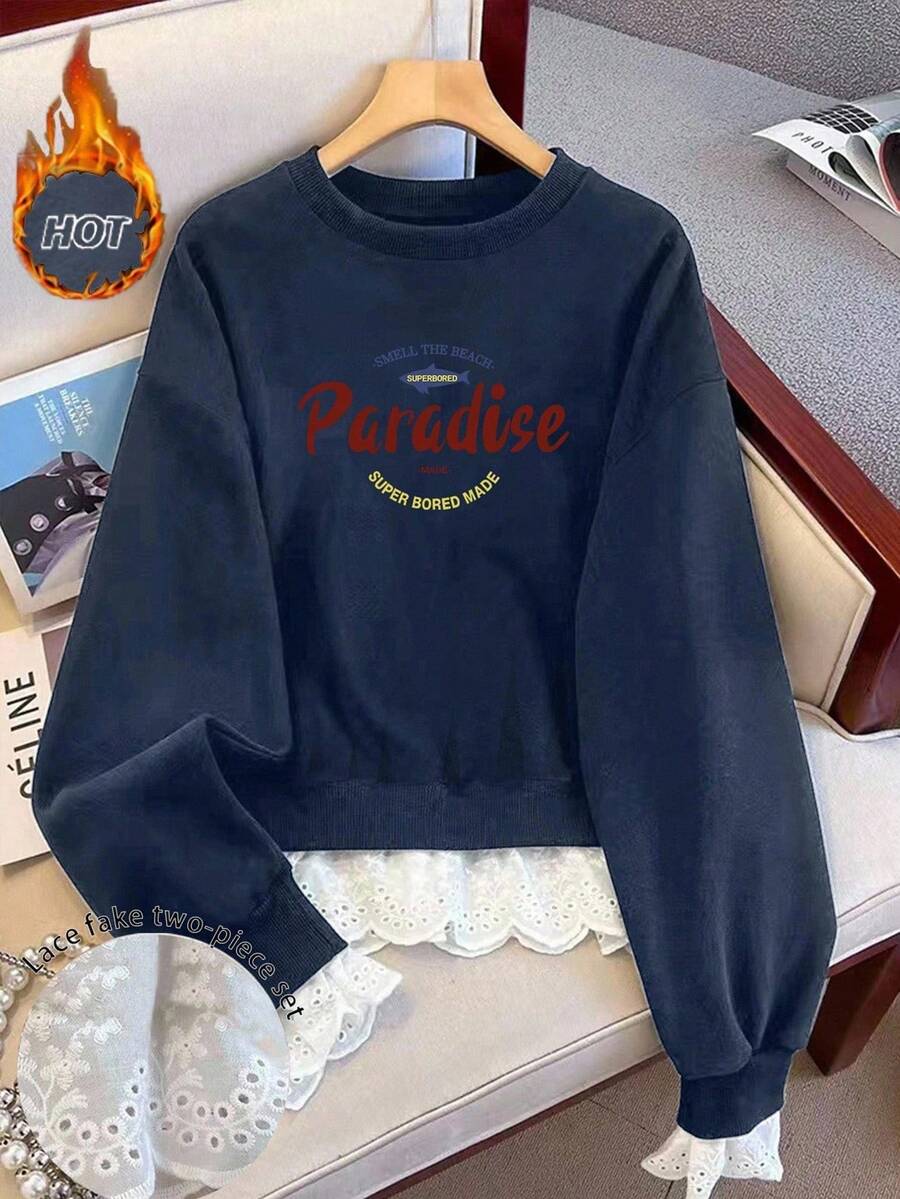 SHEIN New Lace Trim Letter Print Crew Neck Hooded Long Sleeve Pullover Sweatshirt For Plus Size Women - Navy Blue - View 1