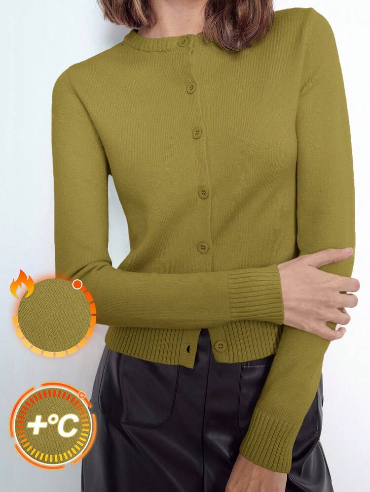 SHEIN Maija Women's Solid Color Crew Neck Long Sleeve Single-Breasted Knit Cardigan, Fashionable Style, Soft And Comfortable. Suitable For Urban Women's Commuting And Business Casual Occasion, Vacation Summer Going Out Graduation
