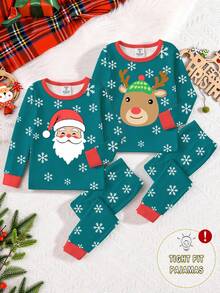 2pcs Tween Boys Christmas Santa Claus & Reindeer Print Snug Fit Knit Pajama Set, Long Sleeve Top And Pants, Glow-In-The-Dark, Comfortable, Autumn - Green - View 3