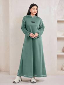 Veilorie Women's Hooded Contrast Stitching Letter Long Sweatshirt Dress - Mint Green - View 6