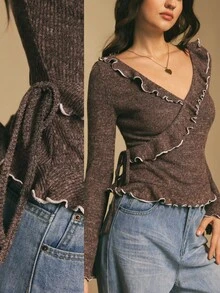 Poéselle 女士咖啡棕色针织荷叶边V领上衣，休闲长袖裹身衬衫，时尚修身款，深棕色罗纹针织上衣，棕色长袖裹身上衣，荷叶边装饰上衣 - 咖啡棕 - 查看 1