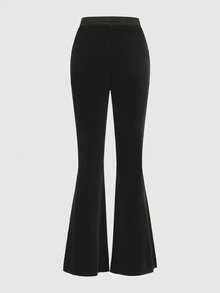 ROMWE Goth Baddie Casual Y2K Rhinestone Cross Front Zipper Hoodie & Flare Pants Set With Tie Bowknot & Velvet Fabric, Stretchy Knitted In Solid Black, Women