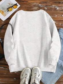 EMERY ROSE Women's Casual Loose Fit Slogan & Skull Print Crew Neck Long Sleeve Sweatshirt, Autumn/Winter - Light Grey - View 2