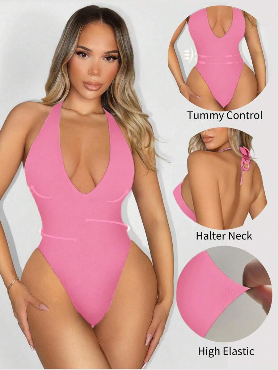 Sirith Seamless Knit Deep V-Neck Bodysuit - Pink - View 1