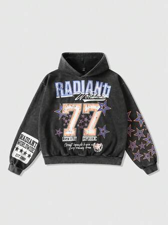 Street Life Felpa con cappuccio corta vintage lavata n. 77 da uomo, stile streetwear, top a maniche lunghe