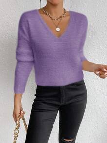 LanaWest White V-Neck Casual Soft Knit Long Sleeve Pullover Sweater, Autumn/Winter