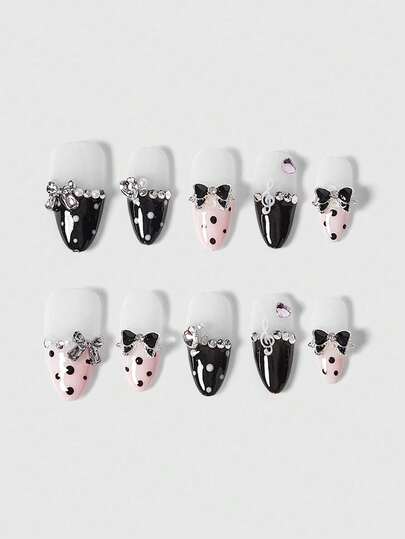 10pcs Y2K Pink Bowknot Retro Kawaii Metal Nail Stickers, Handmade, Suitable For School, Outing, Date, Christmas And Other Occasions