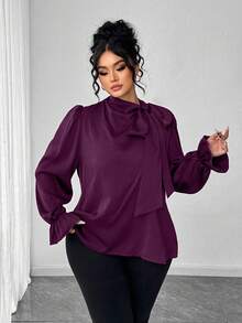 Elenzga Plus Size Elegant Satin Collar Tie Neck Blouse - Purple - View 4
