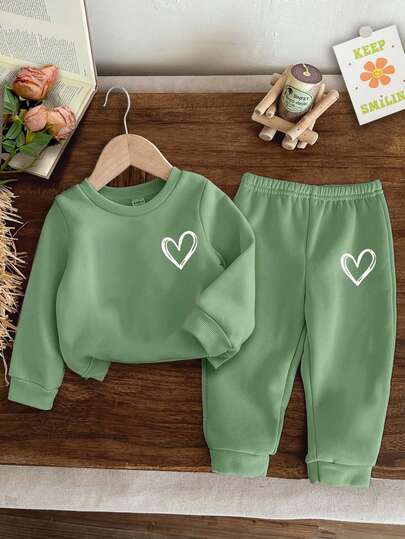 SHEIN Happikins Baby Girl Casual Minimalist Knit Soft Pullover Loose Long Sleeve Sweatshirt And Pants Set