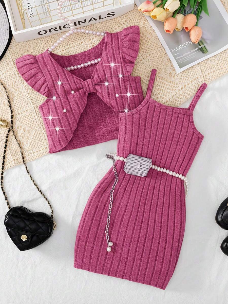 Elladie kids 女孩情人节新款优雅针织连衣裙套装，蕾丝无袖露脐上衣+吊带迷你连衣裙，两件套春季装扮