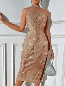 Glamine 女式单肩无袖高开衩亮片连衣裙，适合节日派对服装，长款女装 - 杏色 - 查看 8