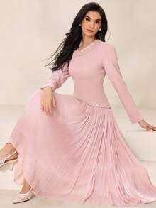 Modelyn Elegant Luxury Rhinestone Decor Hem Fashion Shiny Flowing Fabric Puff Sleeve Cinched Waist Graceful High-End Dress For Women - Pink - View 1