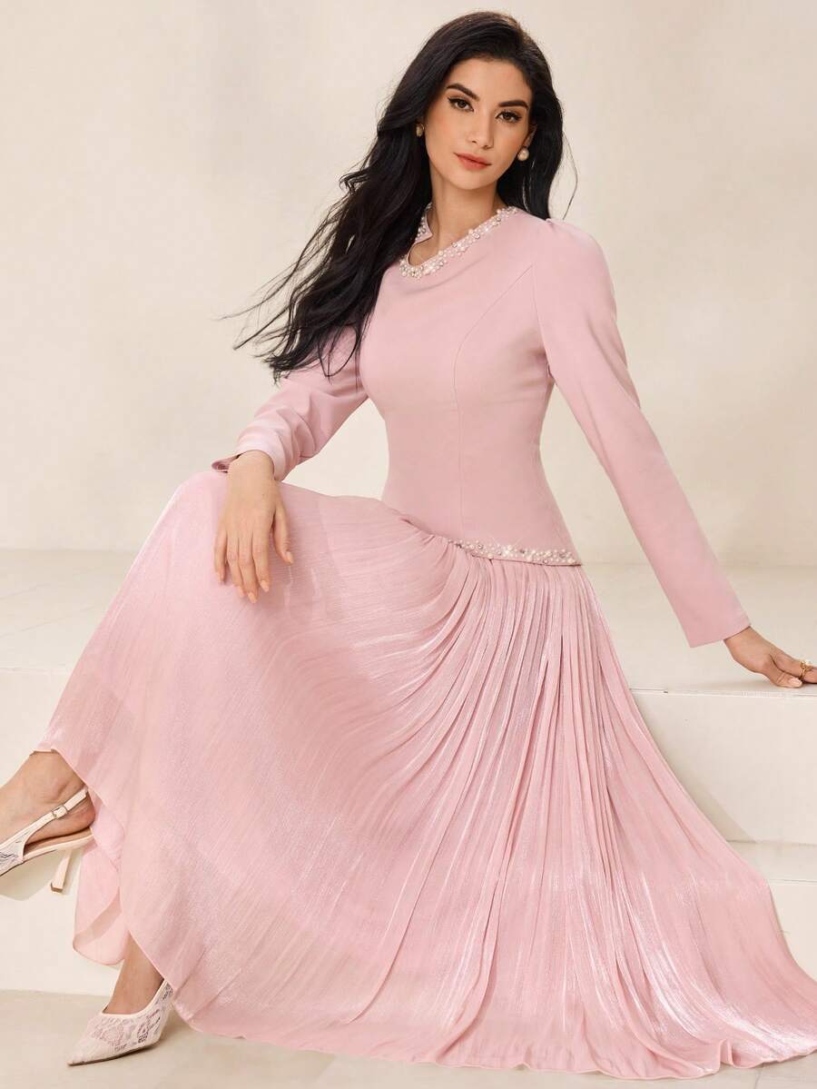 Modelyn Elegant Luxury Rhinestone Decor Hem Fashion Shiny Flowing Fabric Puff Sleeve Cinched Waist Graceful High-End Dress For Women - Pink - View 1