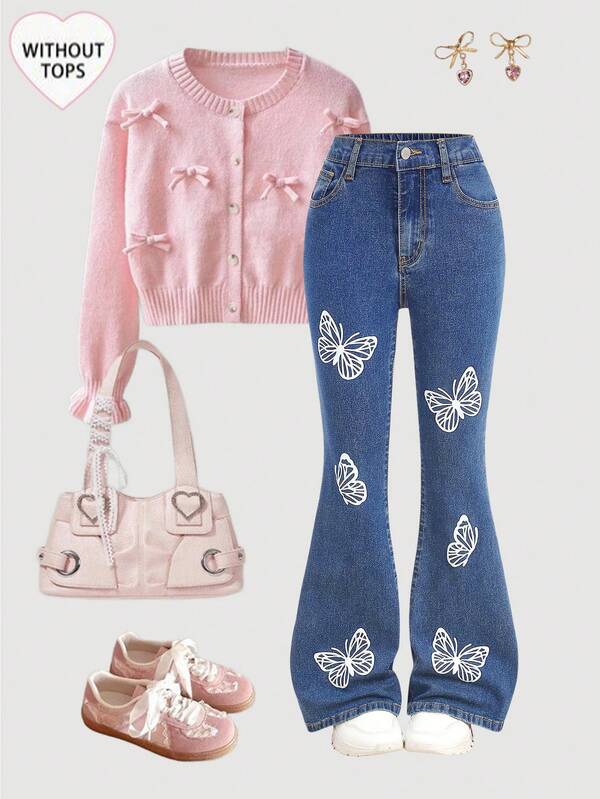 Girlism Tween Girl Chic Elegant Comfortable White Butterfly Pattern Blue Denim Flare Jeans Fall Winter,Casual And Versatile For Girls Fall/Winter Dailywear And Streetwear Outfits,For Girls Christmas Outfits,Girls New Year Clothes,Thanksgiving Outfit For Girls,Stylish Girls Jeans,Girls Winter Jeans,Teen Denim Clothes,Winter Clothes,Elegant Jeans,Elegant Party Dresses For Girls