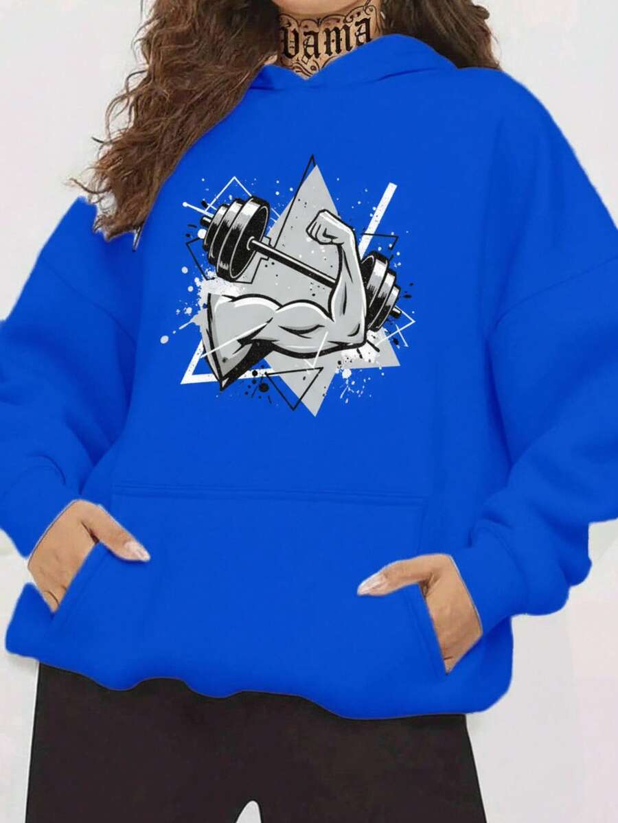 Sudadera holgada para mujer estilo deportivo con estampado de brazo fuerte y pesas, tela gruesa, con capucha, manga larga, otoño invierno, uso casual - Azul - Ver 1