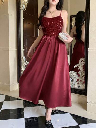 DAZY Elegant Sequin Patchwork Pleated Spaghetti Strap High Slit Midi Dress For Women