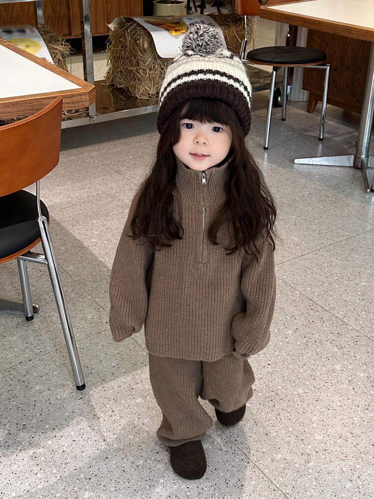 2pcs Baby Girls' Solid Color Casual Long Sleeve Sweater And Pants Set, Autumn/Winter Toddler Girls Clothes