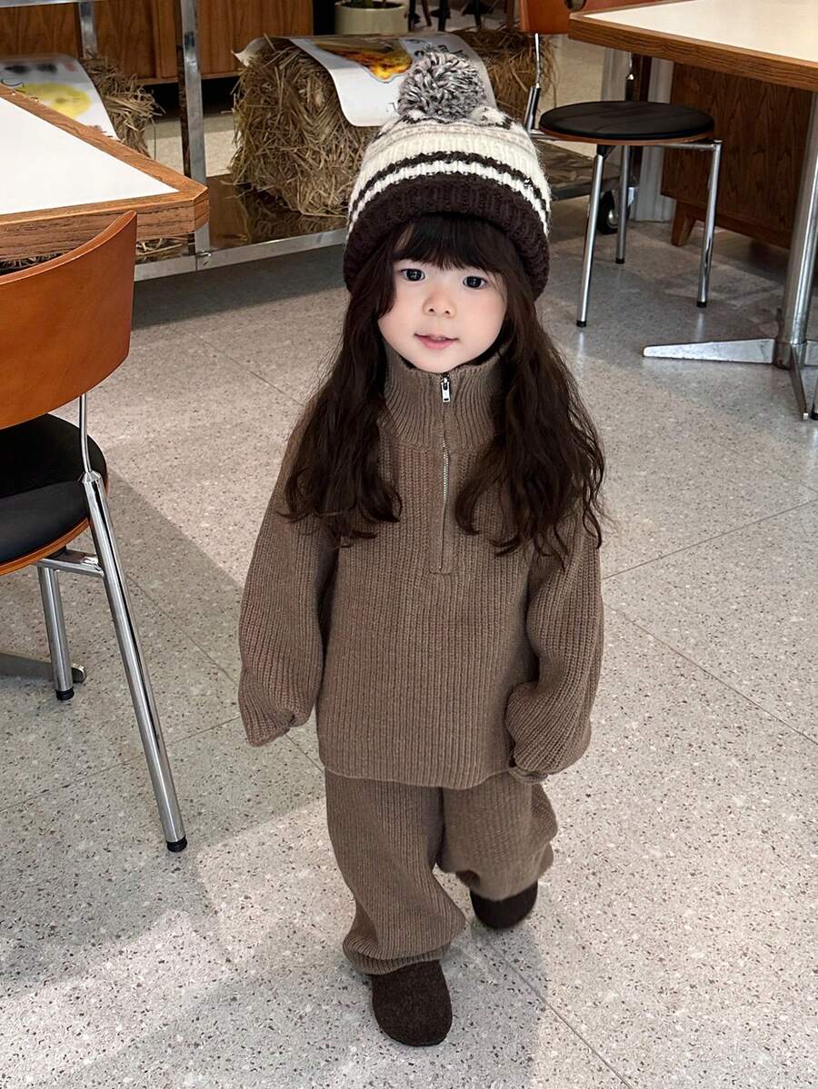 DAZY 2件套女婴纯色休闲长袖毛衣裤套装，秋冬季幼儿女童服装 - 咖啡棕 - 查看 1
