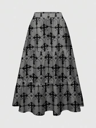 3-Layer Gothic Cross & Vine Print Black & Grey Pleated Skirt For Women