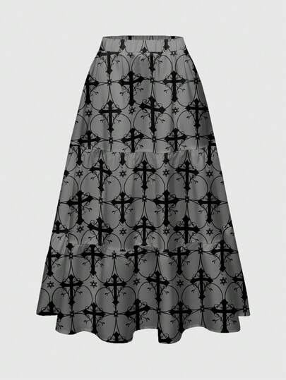 Goth 3-Layer Gothic Cross & Vine Print Black & Grey Pleated Skirt For Women