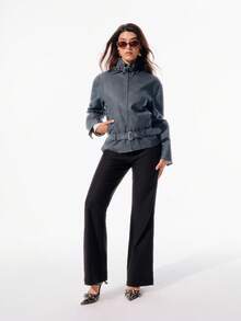Chiquease Giacca da donna con colletto alto in pelle, stile loose, adatta per l'autunno e l'inverno, per la nicchia culturale di Ognissanti - nero - Visualizzare 3