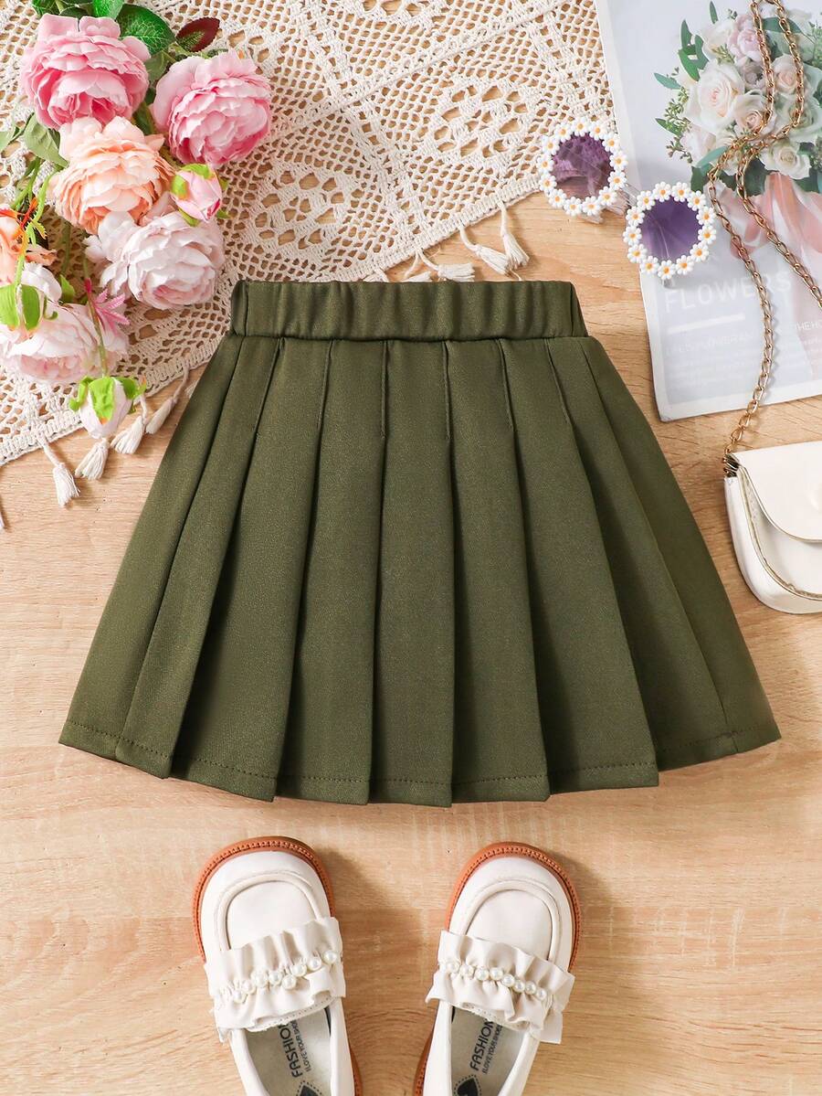 年轻女孩时尚百褶迷你裙，适合春夏穿着 - 墨綠色 - 查看 1