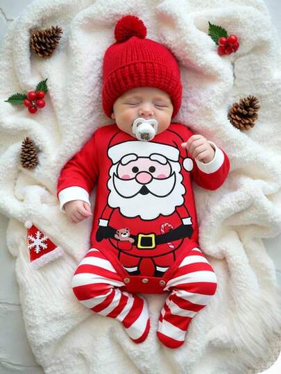 SHEIN 2 pezzi/Set Vestiti per Neonato Maschio/Femmina - Tutina a maniche lunghe con stampa esagerata di Babbo Natale e set di calzini a righe rosse e bianche, adatto per Autunno/Inverno, Maglione Natalizio, Festa di Natale, Maglione Natalizio, Abbigliamento Invernale, Top a Maniche Lunghe