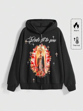 ROMWE Avant Felpa con cappuccio e chiusura lampo donna, stile Y2K retrò, grafica unisex di base con Vergine Maria e croce, foderata termicamente