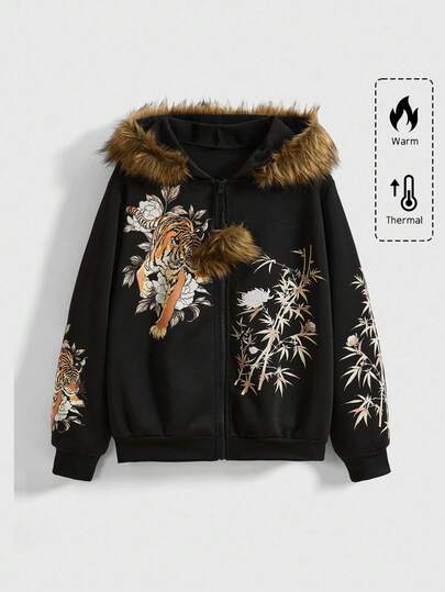 Fairycore Sweat-shirt grande taille avec forêt de bambous et tigre orné de strass