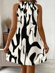 SHEIN Clasi Women's Printed Halter Sleeveless Tight Mini Dress, Black And White Geometric Pattern, Elegant. Suitable For Daily Wear, Summer Outfits, Casual Dresses, Vacation, Bohemia Style, Going Out, Teacher, Ba Chic Dress Midi Dress Summer Dress Halter Neck Dress Abstract Print Dress Graphic Print Dress - Multicolor - View 2