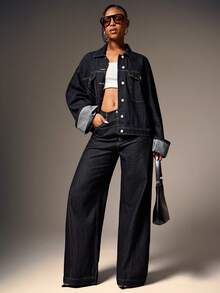 Denimoi Cuffed Arm Oversized Button Front Collared Denim Jacket Fall & Winter Fashion Denim On Denim - Dark Wash - View 2
