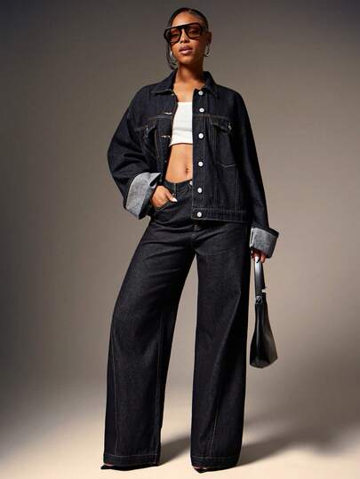 Denimoi Cuffed Arm Oversized Button Front Collared Denim Jacket Fall & Winter Fashion Denim On Denim