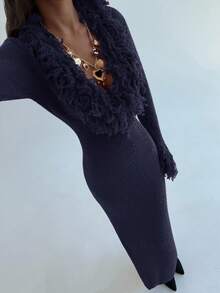 Aloruh V-Neck Fringed Fuzzy Patchwork Flared Hem Bodycon Maxi Knit Sweater Dress For Women In Fall/Winter - Navy Blue - View 3
