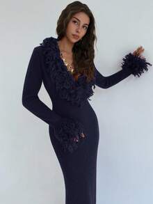 Aloruh V-Neck Fringed Fuzzy Patchwork Flared Hem Bodycon Maxi Knit Sweater Dress For Women In Fall/Winter - Navy Blue - View 7