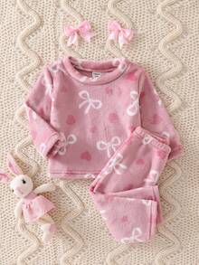 Genkimix Kids 2pcs Baby Girls' Casual Bow & Heart Print Fleece Long Sleeve Top And Pants Pajama Set, Pink Soft Baby Girl Pajamas Fall Winter - Dusty Pink - View 1