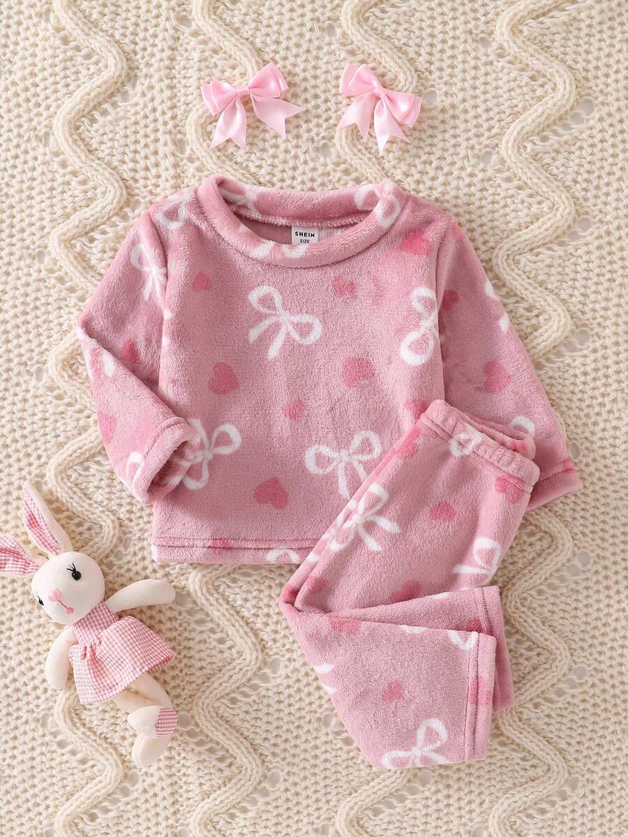 Genkimix Kids 2pcs Baby Girls' Casual Bow & Heart Print Fleece Long Sleeve Top And Pants Pajama Set, Pink Soft Baby Girl Pajamas Fall Winter - Dusty Pink - View 1