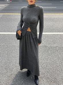 DAZY Women's Chic Grey Autumn Everyday 2 Pieces Set,Twist Knot High Slit Stand Collar Fitted Tee & A-Line Skirt,Casual Business Lounge Sets For Women - Dark Grey - View 2
