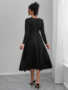 Momance Maternity Shell Trim Round Neck Long Sleeve Casual Solid Color Dress - Black - View 2
