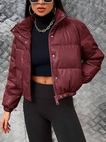 EMERY ROSE Women's Solid Color Long Sleeve Zipper Front Short Padded Coat For Winter Clothes - Burgundy - View 1