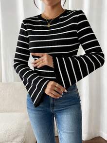 SHEIN Frenchy Striped Print Round Neck Casual Fitted Long Sleeve T-Shirt Black Spring - Black - View 3