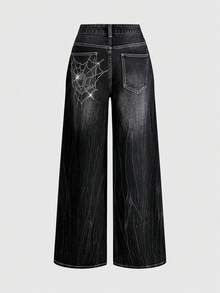 ROMWE EDITION Quần jean ống rộng đính đá phong cách đường phố retro cá tính dành cho nữ - màu đen - Xem 2