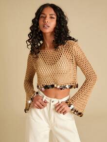 Travachic Pullover Rajut Lengan Panjang Berlubang dengan Hiasan Payet dan Patchwork yang Modis - Coffee Brown - View 5