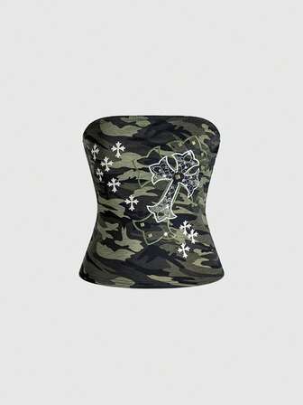 Grunge Punk Débardeur court vintage camouflage avec broderie croix et clous